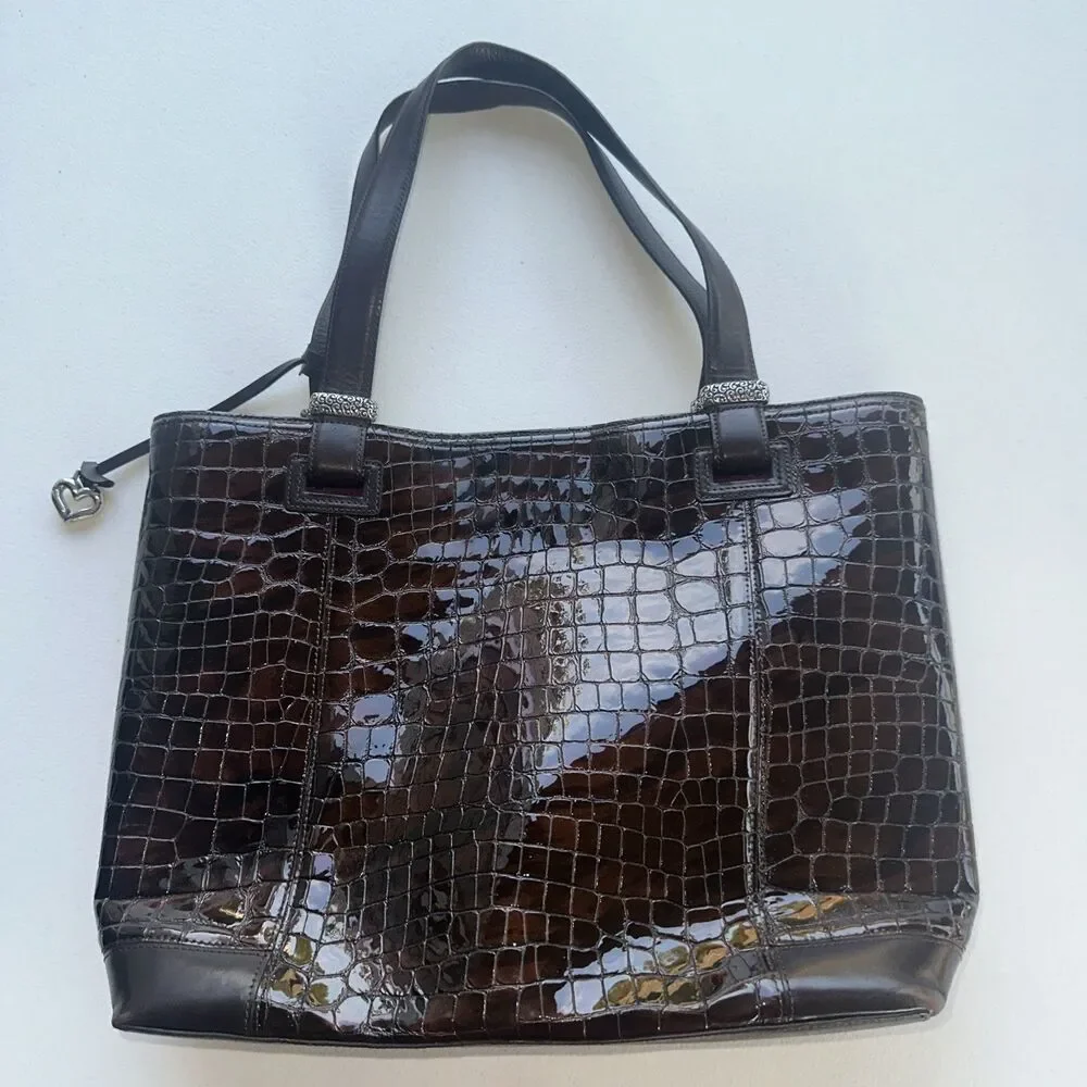 Brighton Brown Embossed Croc Patent Leather Shoulder Tote Hand Bag 18X13